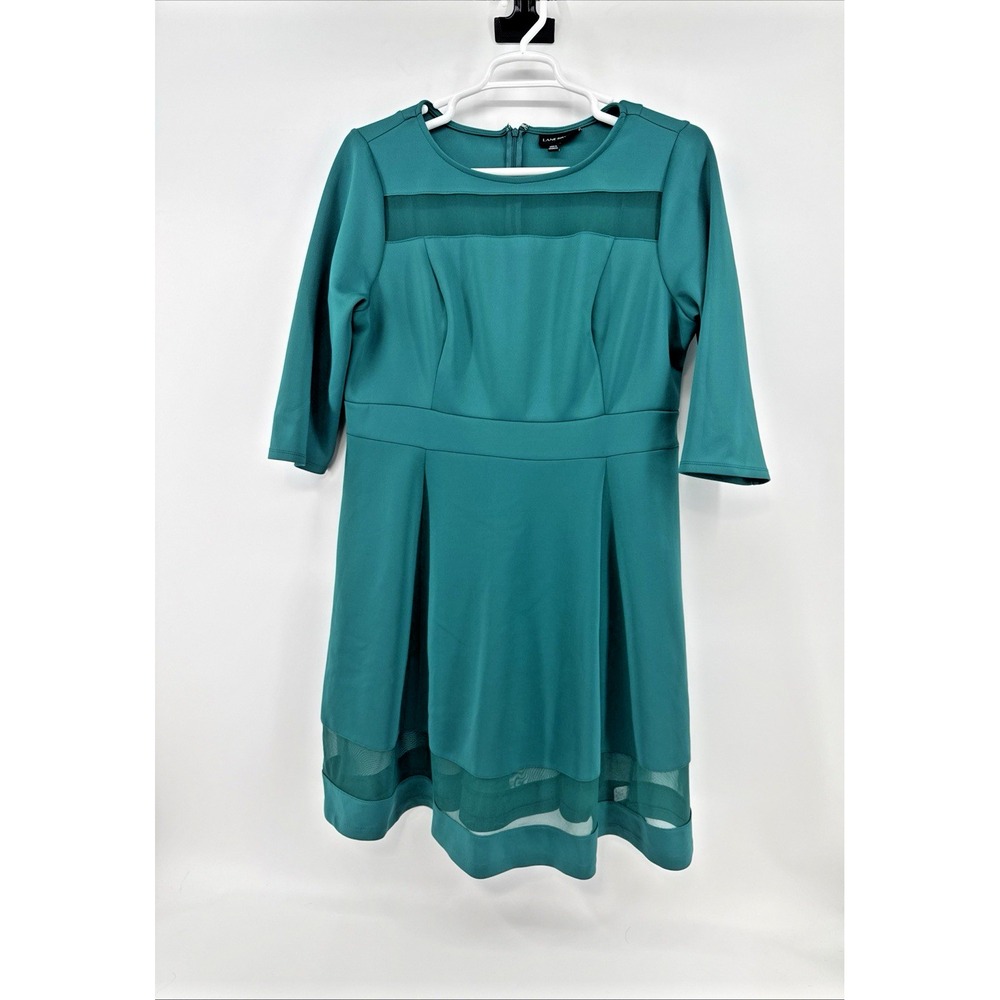 Lane Bryant Dress Plus 18-20 Green Scuba Knit Mesh Panel Fit & Flare 3/4 Sleeve